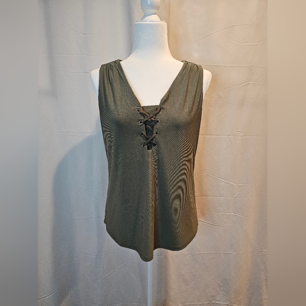 White House Black Market Olive‎ Lace-Up Sleeveless Top, Size S